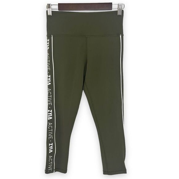 Zyia Active Logo Olive Green White Accent High‎ Rise Capri Leggings Size 4 - Picture 1 of 9